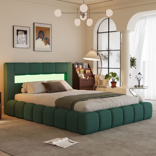 Lit Nuage Coffre Led 140x190cm Velours Vert Omaha