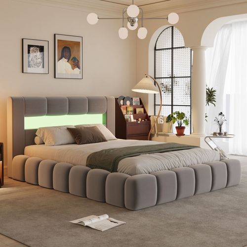 Lit Nuage Coffre Led 140x190cm Velours Gris Omaha