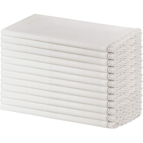 Eryi-Sweetneedle - Paquet De 12 - Coton Flammé Avec Serviettes De Table En Dentelle Au Crochet 50 Cm X 50 Cm (20 Po X 20 Po) De Couleur Blanche - Aspect Lin Supérieur - Fibres Naturelles 100% Coton
