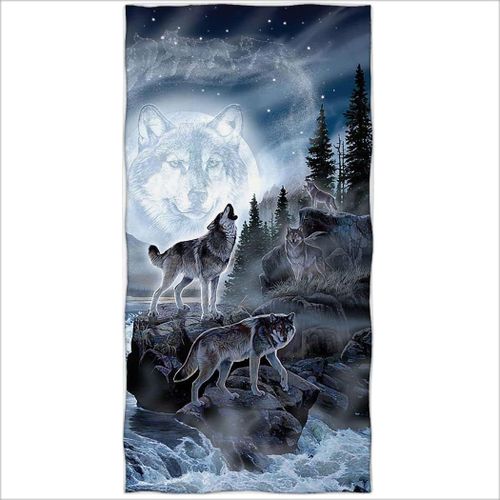 Eryi-Serviette De Plage 70 X 140 Cm En Microfibre Imprimée Motif Lune Loup Forêt