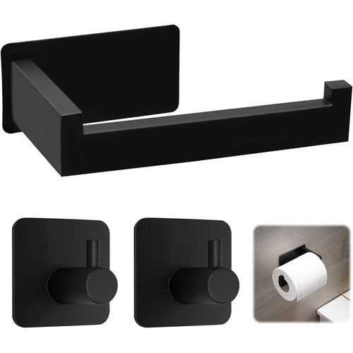 ERYI-Porte Papier Toilette Sans Percer En Acier Inoxydable, Support Papier Wc Auto-Adhésif Murale Avec 2 Crochets Porte Serviettes, Dérouleur Murale Pour Salle De Bain Et Cuisine (Noir)