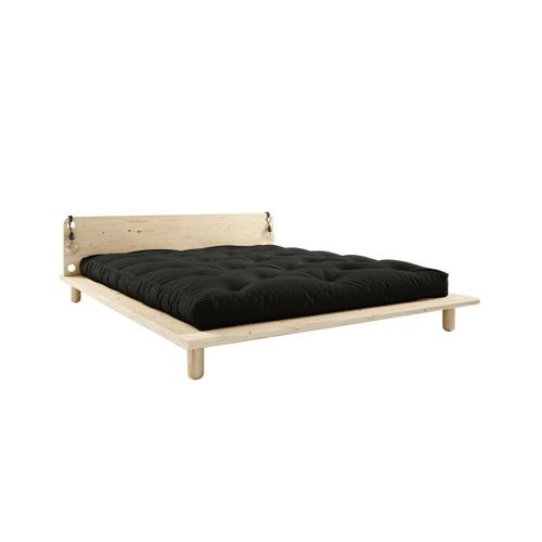 Lit En Bois Clair Avec Matelas Noir Et Lampes De Chevet 180x200cm Peek Double Latex -