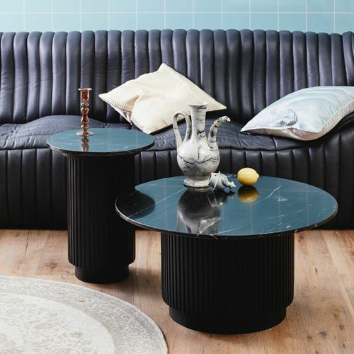 Table Basse Ronde En Bois De Manguier Et Marbre Noir 75x40cm Erie - Nordal