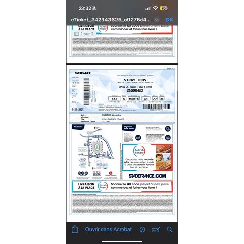 2 Places Côte À Côte Stray Kids 26/07/25 À Paris Catégorie 2 Bloc G4 Rang 77 Place 37 Et 38 