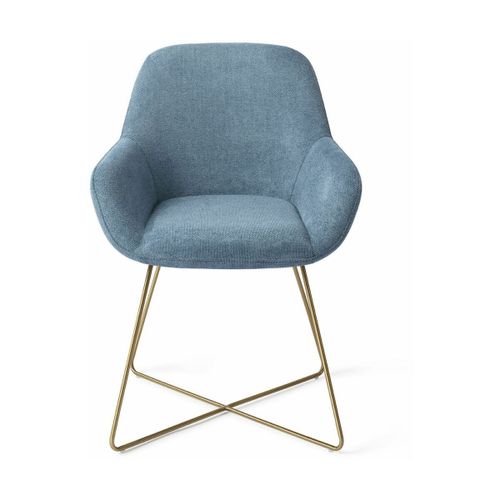 Chaise De Salle À Manger Bleue Ocean Eyes Avec Pieds Croisés Métal Doré Kushi - Jespe