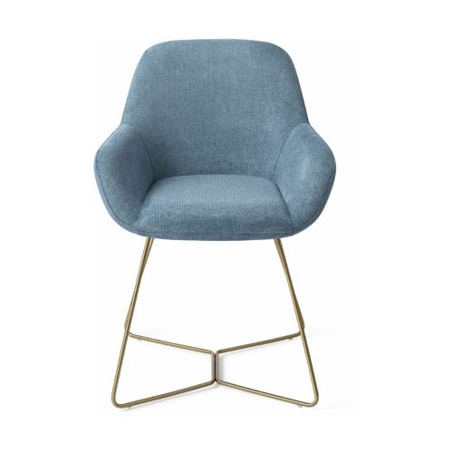 Chaise De Salle À Manger Bleue Ocean Eyes Avec Pieds Hexagone Métal Doré Kushi - Jesp