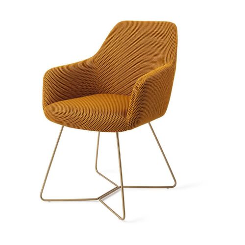 Chaise Avec Accoudoirs En Tissus Ocre Et Pieds Beehive En Acier Doré Hiroo - Jesper H