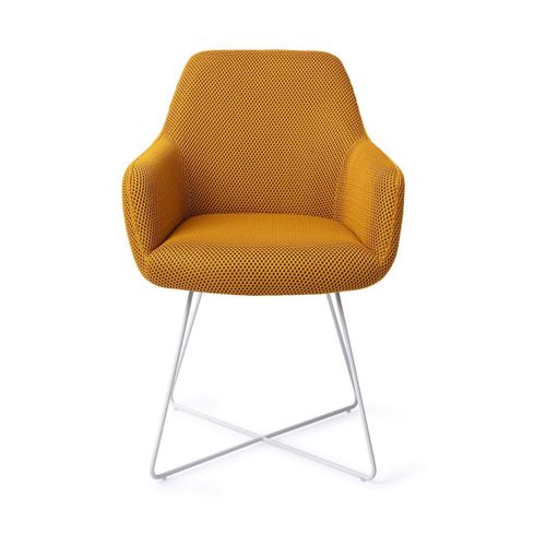 Chaise Avec Accoudoirs En Tissus Ocre Et Pieds Cross En Acier Blanc Hiroo - Jesper Ho