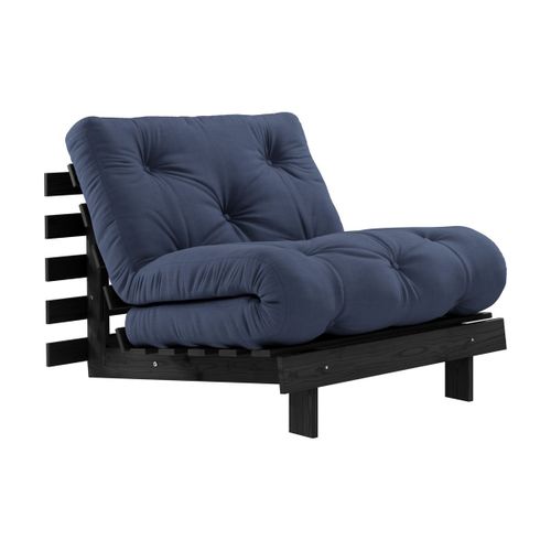 Canapé Convertible En Bois Noir Laqué Et Matelas Bleu Marine 90x200cm Roots 90 - Karu