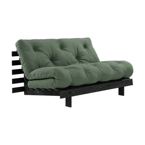 Canapé Convertible En Bois Noir Laqué Et Matelas Vert Olive 140x200cm Roots 140 - Kar