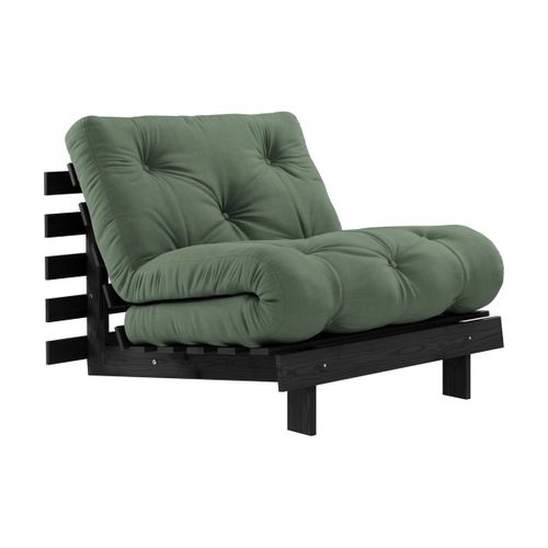 Canapé Convertible En Bois Noir Laqué Et Matelas Vert Olive 90x200cm Roots 90 - Karup