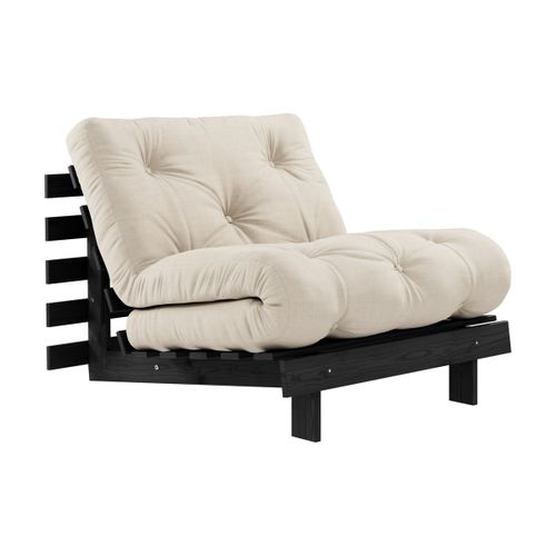 Canapé Convertible En Bois De Pin Noir Laqué Et Matelas Beige 90x200cm Roots 90 - Kar