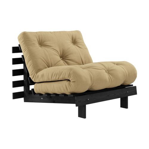 Canapé Convertible En Bois De Pin Noir Laqué Et Matelas Blé Beige 90x200cm Roots 90 -