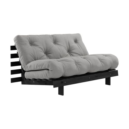 Canapé Convertible En Bois De Pin Noir Laqué Et Matelas Gris 140x200cm Roots 140 - Ka