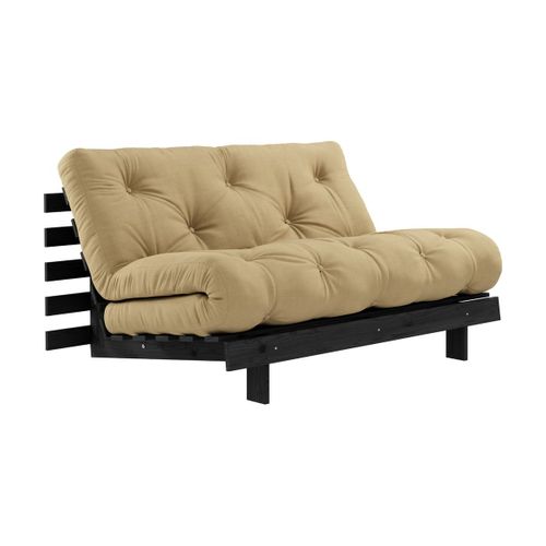 Canapé Convertible En Bois De Pin Noir Laqué Et Matelas Blé Beige 140x200cm Roots 140