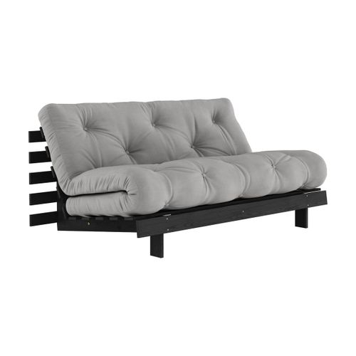 Canapé Convertible En Bois De Pin Noir Laqué Et Matelas Gris 160x200cm Roots 160 - Ka