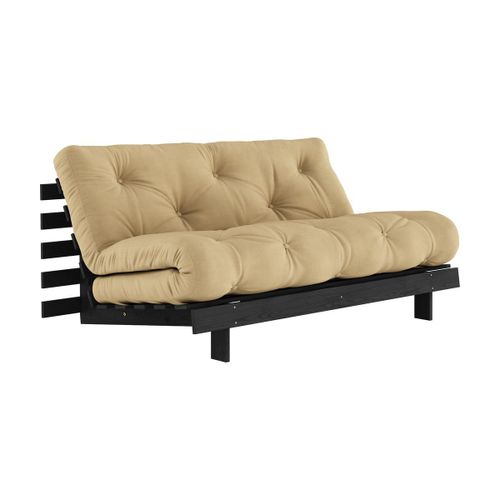 Canapé Convertible En Bois De Pin Noir Laqué Et Matelas Blé Beige 160x200cm Roots 160