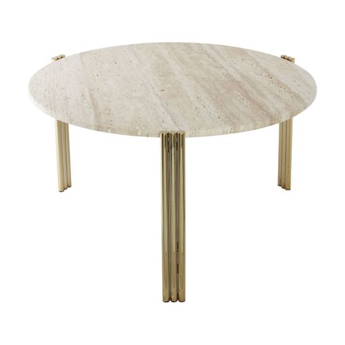 Table Basse En Acier Doré Et Travertin Sable 45 X 80 Cm Tribus - Aytm