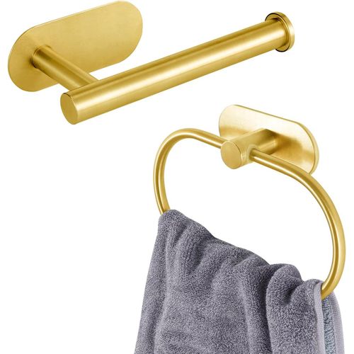 ERYI-Porte-Papier Toilette/Anneau Porte-Serviettes, Accessoires De Salle De Bain Sans Perçage, Porte-Papier Toilette Adhésif En Acier Inoxydable Et Porte-Serviettes, Montage Mural, Doré Paquet De 2