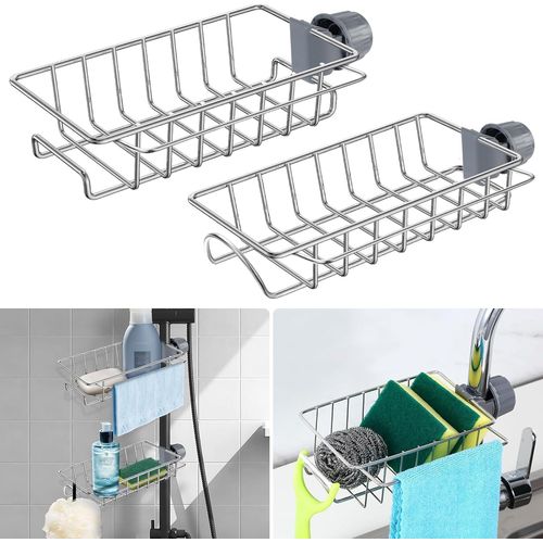 ERYI-Lot De 2 Porte Eponge Evier Cuisine, Support De Douche, Étagères De Douche Suspendues Pour Rail De Douche 15-25 Mm, Organisateur Evier Pour Évier De Cuisine Et Douche De Salle De Bain