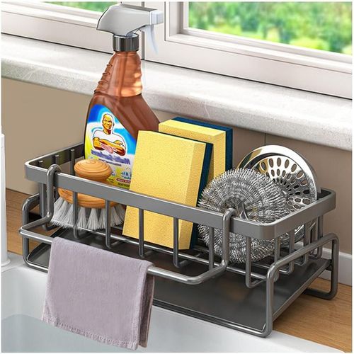 ERYI-Porte Eponge Evier Cuisine Gris,Organisateur Evier,Rangement Eponge Cuisine,Support Evier Inox,Porte Savon Cuisine Evier,Egouttoir Evier Eponge Avec Bac D'Écoulement Automatique