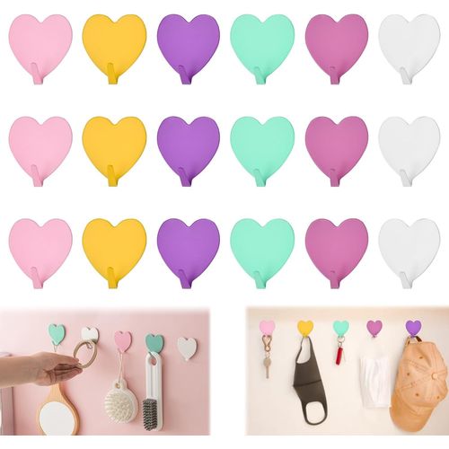 ERYI-18Pcs Crochets Adhesifs, Crochets Adhesifs Muraux Crochet Adhésif Porte Manteau Enfant Multicolore Forme De Coeur Crochet Adhesif Crochet Adhesif Serviette Sans Perçage Pour Sall De Bain
