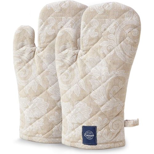 ERYI-Gants De Cuisine Résistants À La Chaleur | Moufles De Cuisson Pour Micro-Ondes, Four Et Cuisine | 18X30 Cm| Porte-Ustensile En Coton - Tissu Chambray (Lot De 2, Beige)