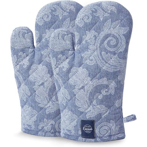 ERYI-Gants De Cuisine Résistants À La Chaleur | Moufles De Cuisson Pour Micro-Ondes, Four Et Cuisine | 18X30 Cm| Porte-Ustensile En Coton - Tissu Chambray (Lot De 2, Bleu)