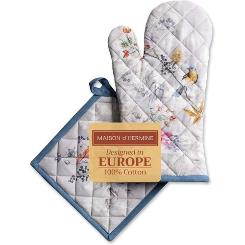 ERYI-Equinoxe - Grey Ensemble Gant De Cuisine 100% Coton (19Cm X 33Cm) Et Manique (20Cm X 20Cm) Pour Bbq Cuisson Cuisson Grill Micro-Ondes Automne Hiver
