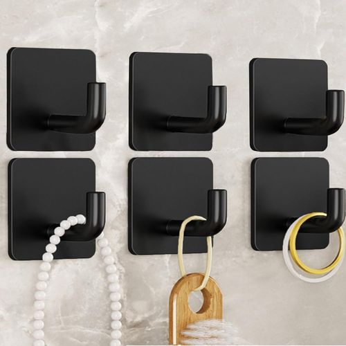ERYI-Crochet Adhesif Mural, 6 Pcs Porte Serviette Auto-Adhésifs, Antirouille Porte Manteau Mural Acier Inoxydable, Accroche Serviette Sans Percer Patère Murale Autocollant Pour Salle De Bain (Noir)