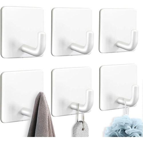 ERYI-Crochet Adhesif Mural, 6 Pcs Porte Serviette Auto-Adhésifs, Antirouille Porte Manteau Mural Acier Inoxydable, Accroche Serviette Sans Percer Patère Murale Autocollant Pour Salle De Bain (Blanc)