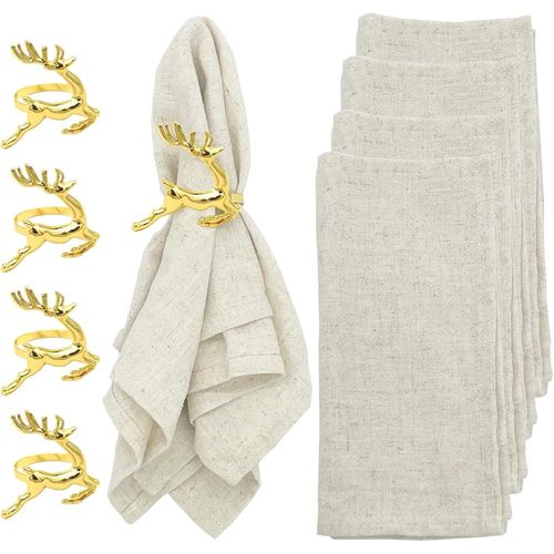 Eryi-Lot De 4 Serviettes De Table En Tissu 40 X 40 Cm Avec 4 Ronds De Serviette, En Lin Et Coton Lavables Et Réutilisables Pour Un Usage Quotidien, Maison, Fête, Mariage, Décoration De Table