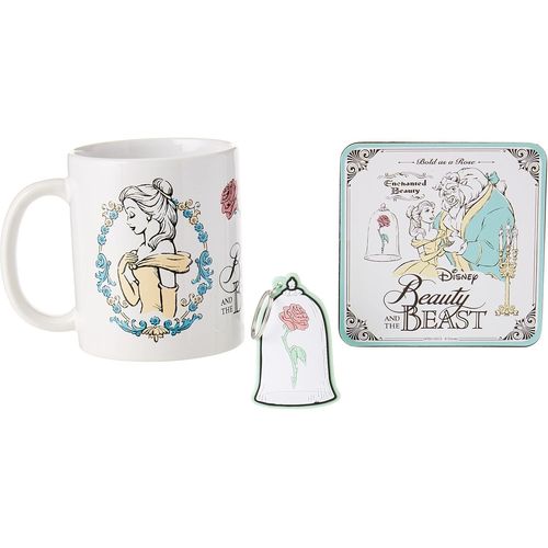 Eryi-Coffret Cadeau La Belle Et La Bête Avec Tasse, Dessous De Verre Et Porte-Clés Dans Un Coffret Cadeau (Motif La Belle Et La Bête) Tasse En Céramique De 325 Ml ¿ Produit Officiel