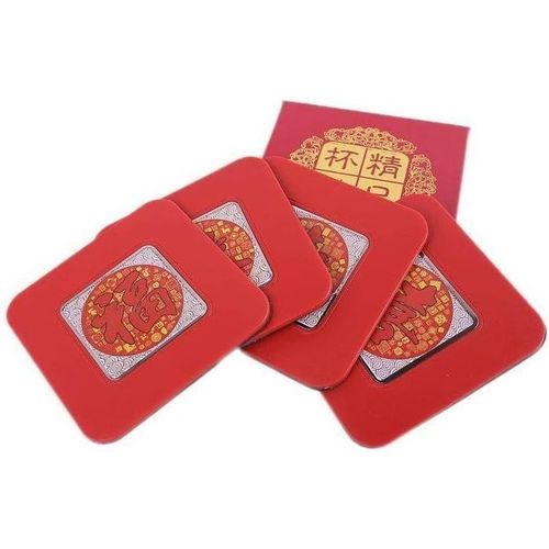 Eryi-- 4 Dessous De Verre Idéogrammes Chinois - Sous Verres Chinois Traditionnels - En Résine - Style Asiatique - Rouge - Pour Vin, Cocktails, Café, Thé - Protège Table - Idée Cadeau Asie Chine