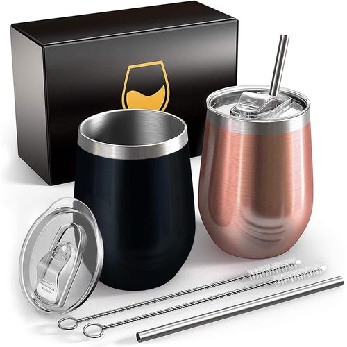 Eryi-Deux 350ml Verre À Vin Thermo En Acier Inoxydable, Isolation Sous Vide Double Couche Mug,Sans Bpa,Tasses À Café Réutilisables,Adaptées Au Camping,Aux Voyages - Noir + Or Rose