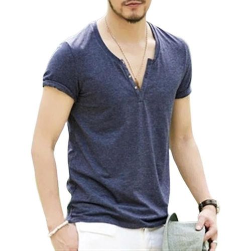 T-Shirt Uni À Manches Courtes Et Col En V Pour Homme - Coupe Ajustée - Henley - L - Bleu Marine