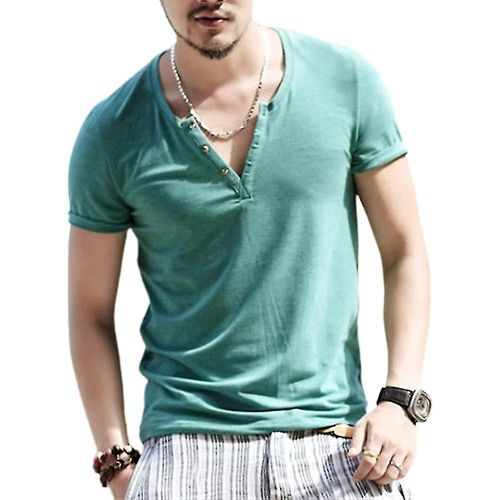 Hommes Uni À Manches Courtes Col En V T-Shirt Décontracté Coupe Ajustée Hauts Henley Chemises 2xl Vert