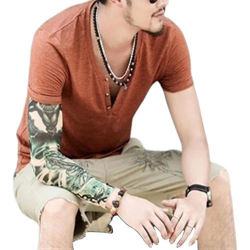 T-Shirt Uni À Manches Courtes Et Col En V Pour Homme - Coupe Ajustée - Henley - L - Café