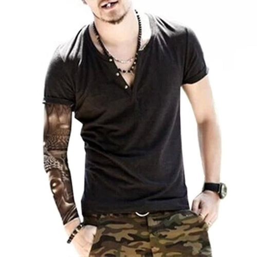 T-Shirt Uni À Manches Courtes Et Col En V Pour Homme - Coupe Ajustée - Henley - L - Noir