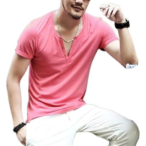 Hommes Uni À Manches Courtes Col En V T-Shirt Décontracté Coupe Ajustée Hauts Henley Chemises Xl Rose