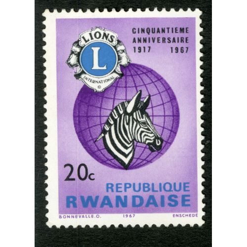 Timbre Non Oblitéré République Rwandaise, Cinquantième Anniversaire 1917-1967, Lions International, 20 C