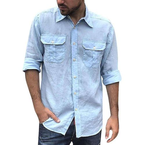Cargo Chemise Décontractée Hommes À Manches Longues Chemises À Boutons Hauts De Randonnée En Plein Air 3xl Bleu Clair