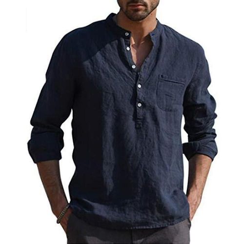 Hommes T-Shirt À Manches Longues Décontracté Col En V Boutons Chemises Plage Baggy Tee Hauts M Bleu Foncé