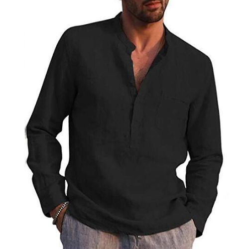 T-Shirt À Manches Longues Pour Hommes, Décontracté, Col En V, Boutons, Chemises De Plage, Baggy, Hauts Xl Noir