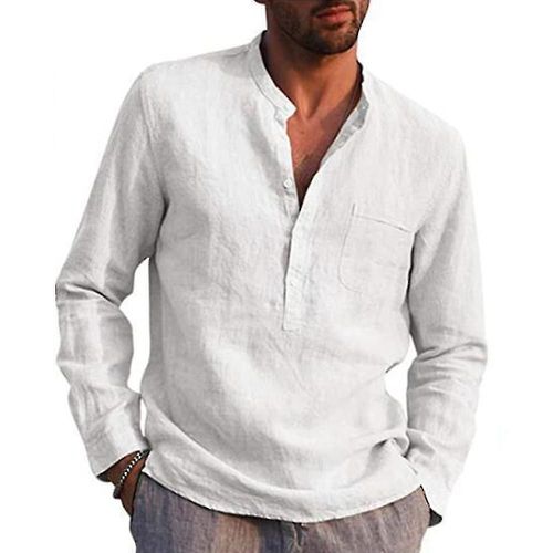 T-Shirt À Manches Longues Pour Hommes, Décontracté, Col En V, Boutons, Chemises De Plage, Baggy, Tops L Blanc