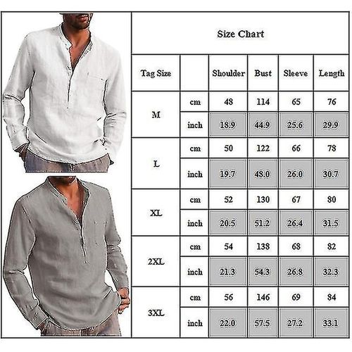 T-Shirt À Manches Longues Pour Hommes, Décontracté, Col En V, Boutons, Chemises De Plage, Baggy, Tops M Blanc