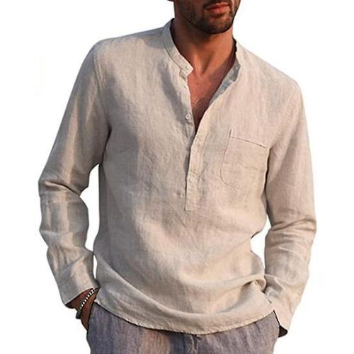 T-Shirt À Manches Longues Pour Hommes, Décontracté, Col En V, Boutons, Chemises De Plage, Baggy, Hauts 2xl, Kaki
