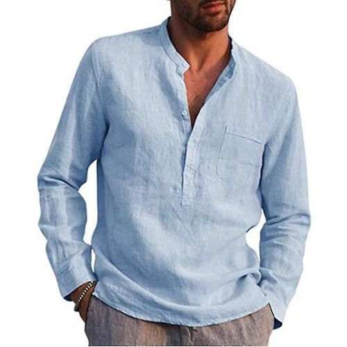 Hommes T-Shirt À Manches Longues Décontracté Col En V Boutons Chemises Plage Baggy Tee Hauts L Bleu Ciel