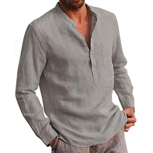 Hommes T-Shirt À Manches Longues Décontracté Col En V Boutons Chemises Plage Baggy Tee Hauts L Gris