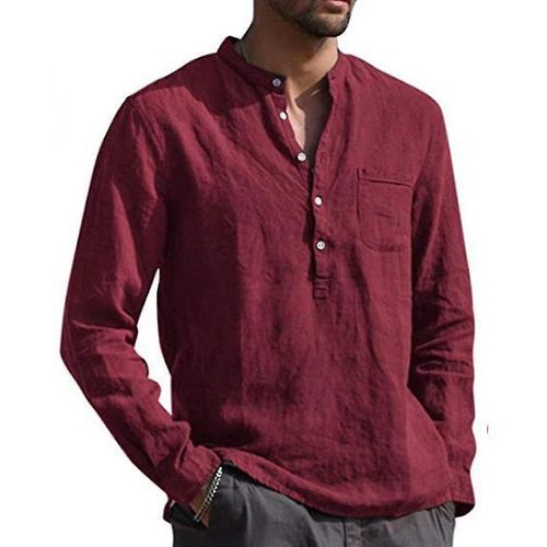 T-Shirt À Manches Longues Pour Hommes, Décontracté, Col En V, Boutons, Chemises De Plage, Baggy, Tops M Vin Rouge